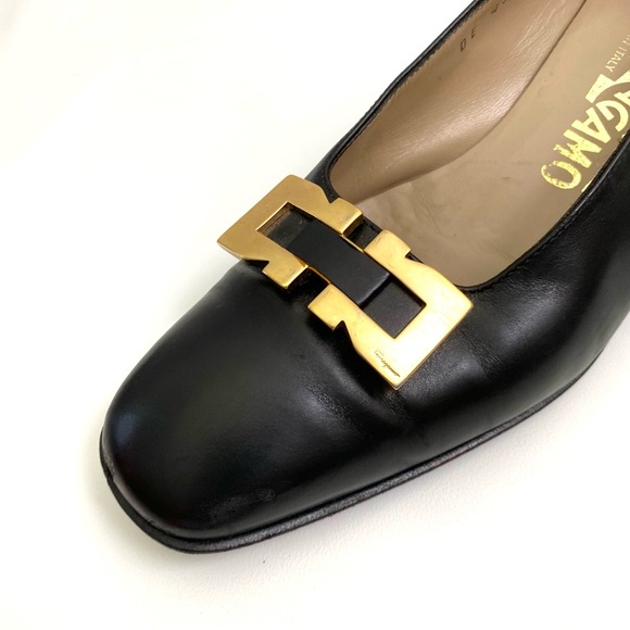 Salvatore Ferragamo Chunky Heels Pumps 6.5 B Black Logo Buckle Square Toe - Picture 9 of 16